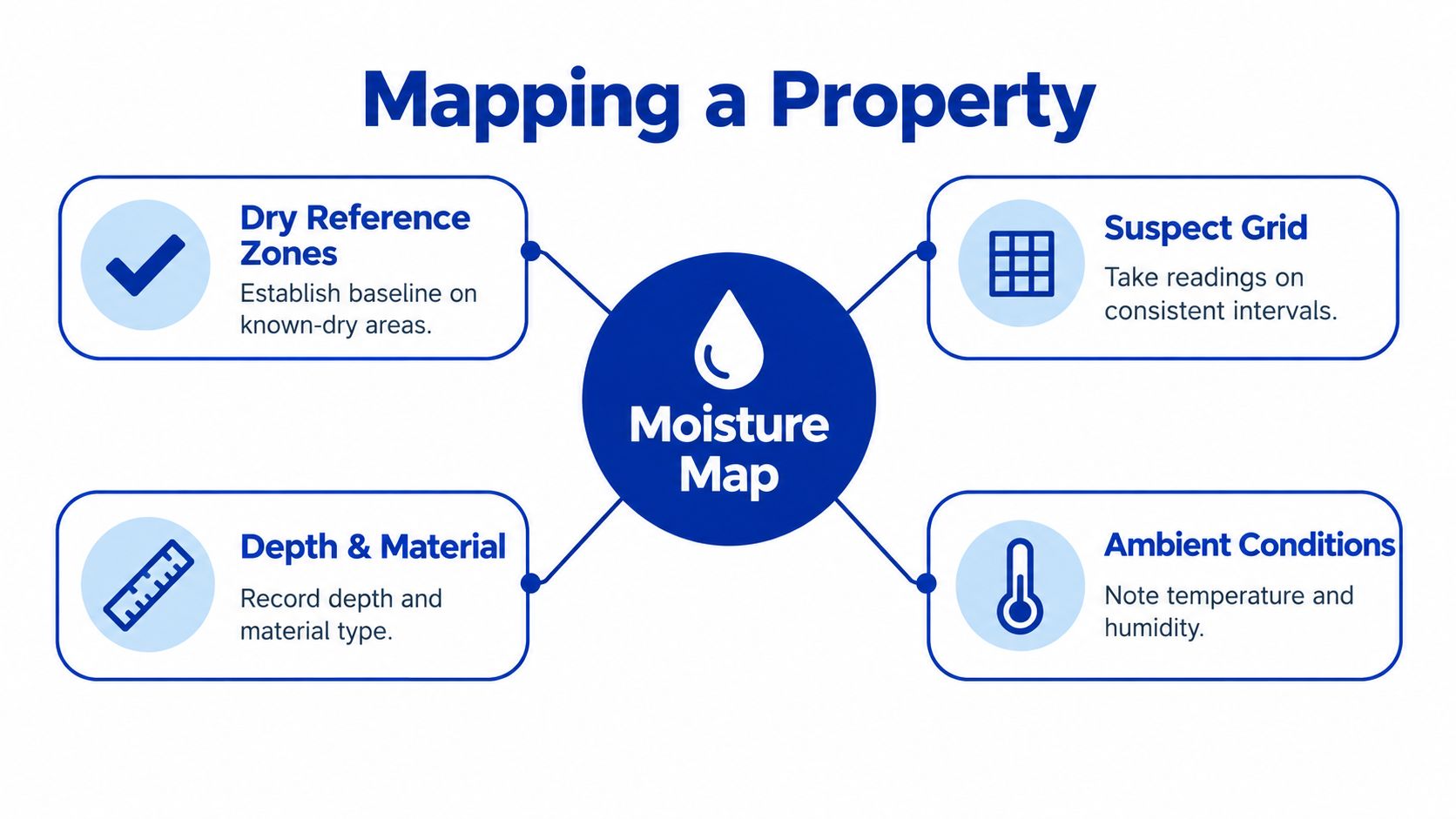 A diagram explaining how to perform a property moisture map with four key steps and icons.