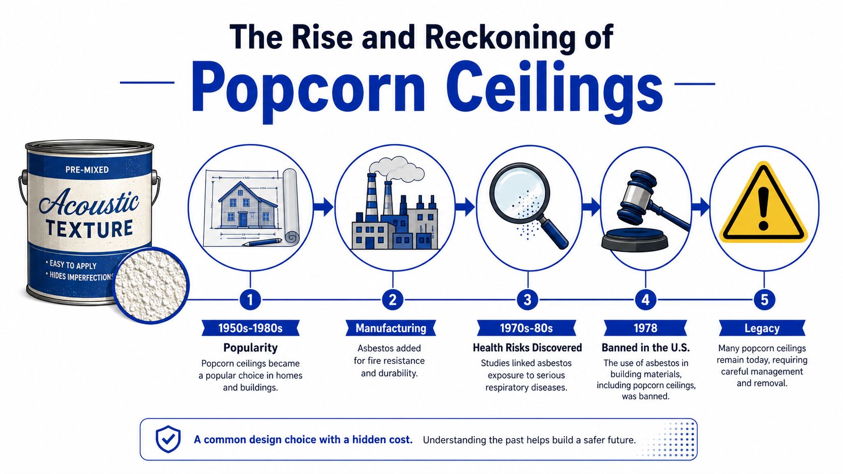 An infographic detailing the history and risks associated with asbestos in residential popcorn ceilings.