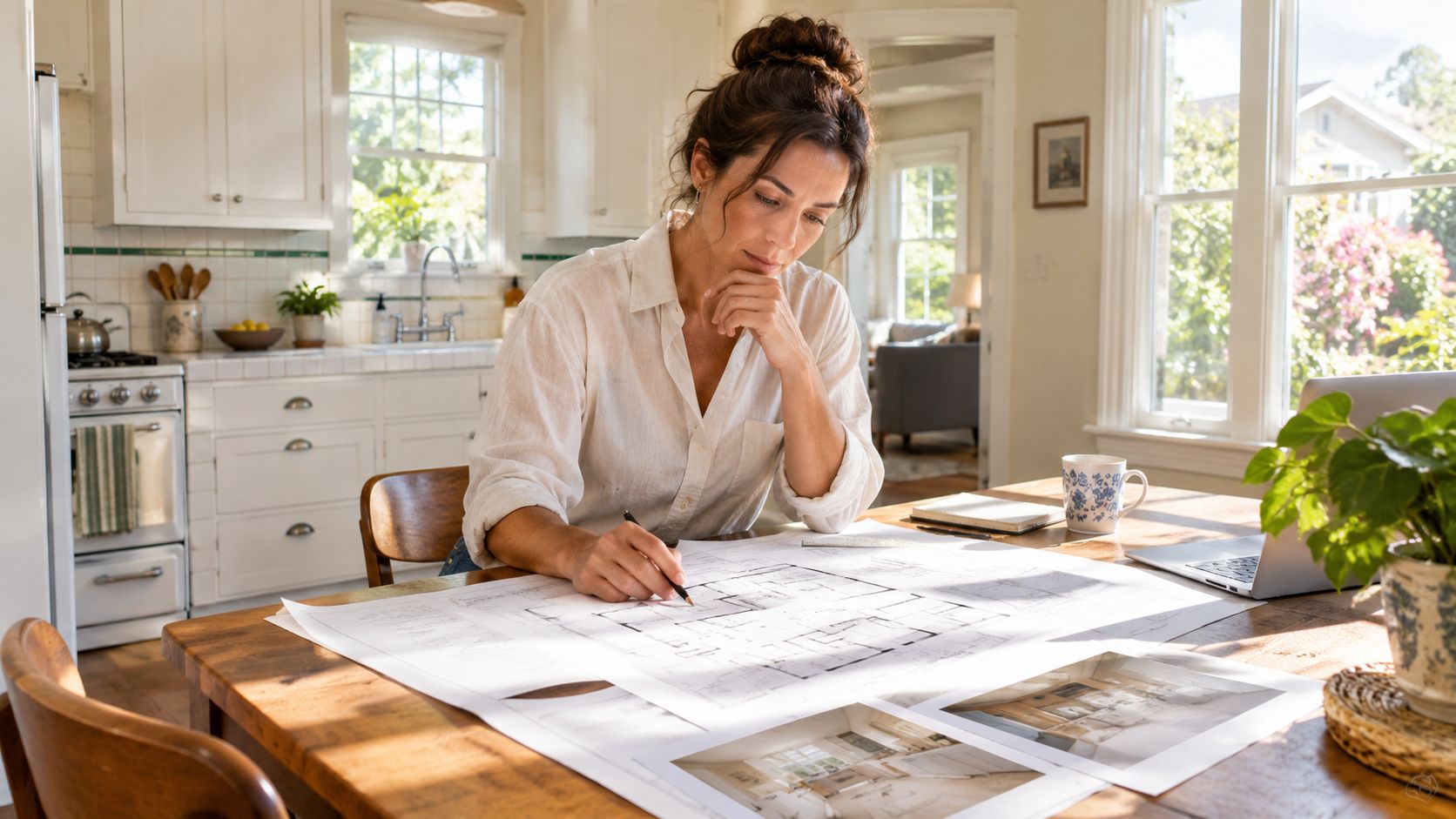 An interior designer works on home renovation blueprints at a wooden table in a bright kitchen.
