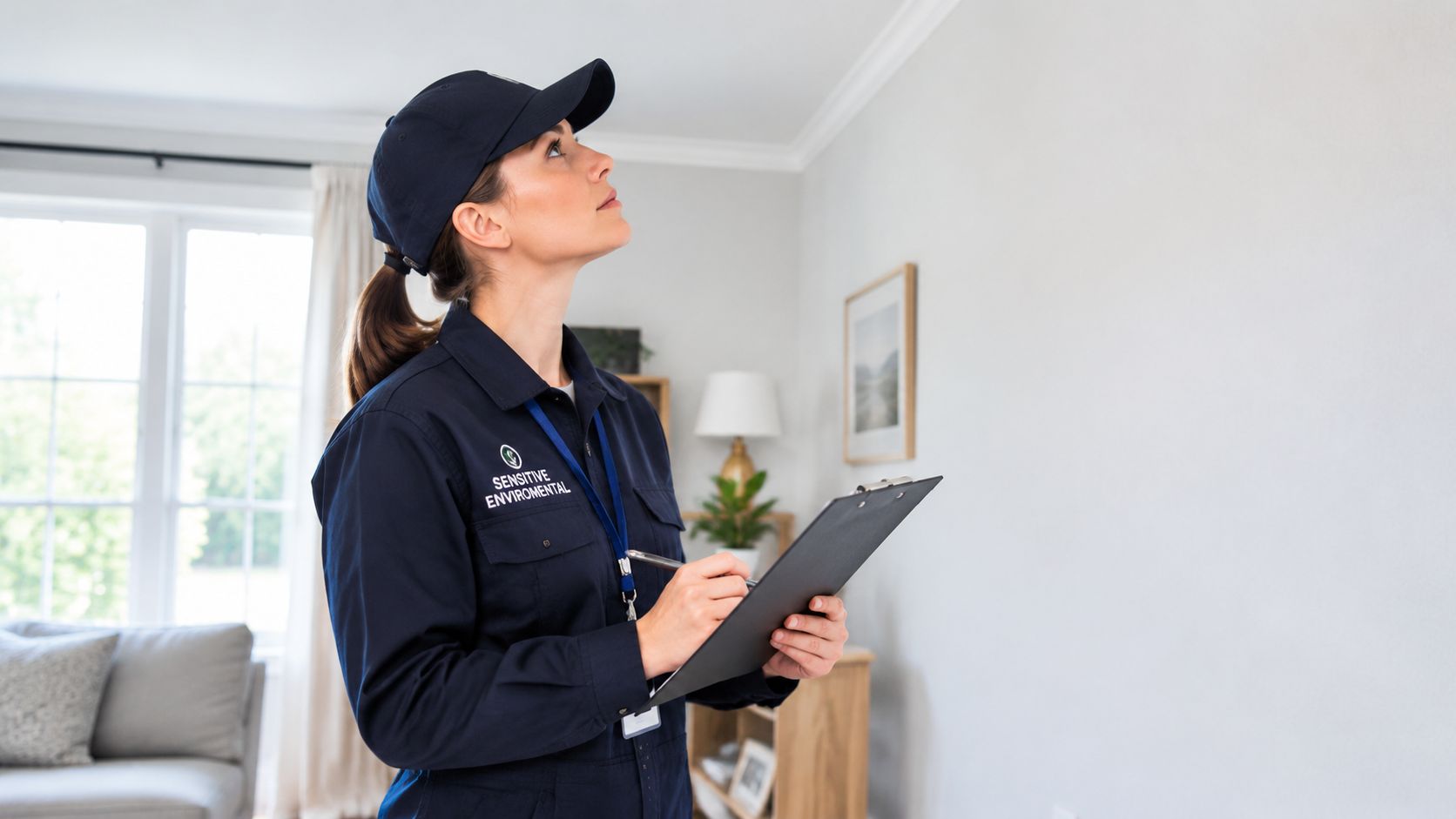A professional inspector in a dark blue uniform checking the ceiling in a residential living room.
