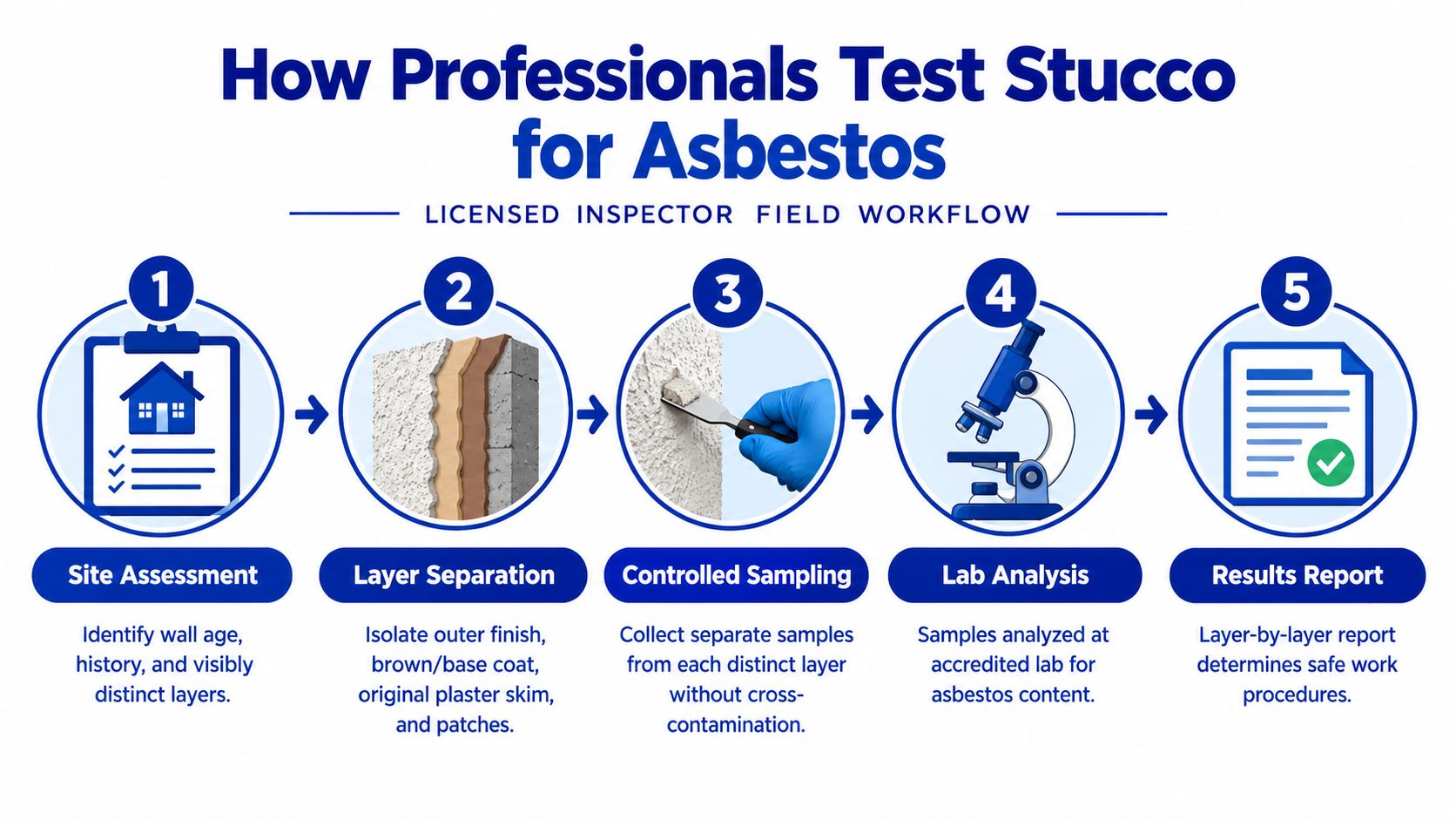 An infographic showing the five-step professional field workflow for testing stucco materials for the presence of asbestos.