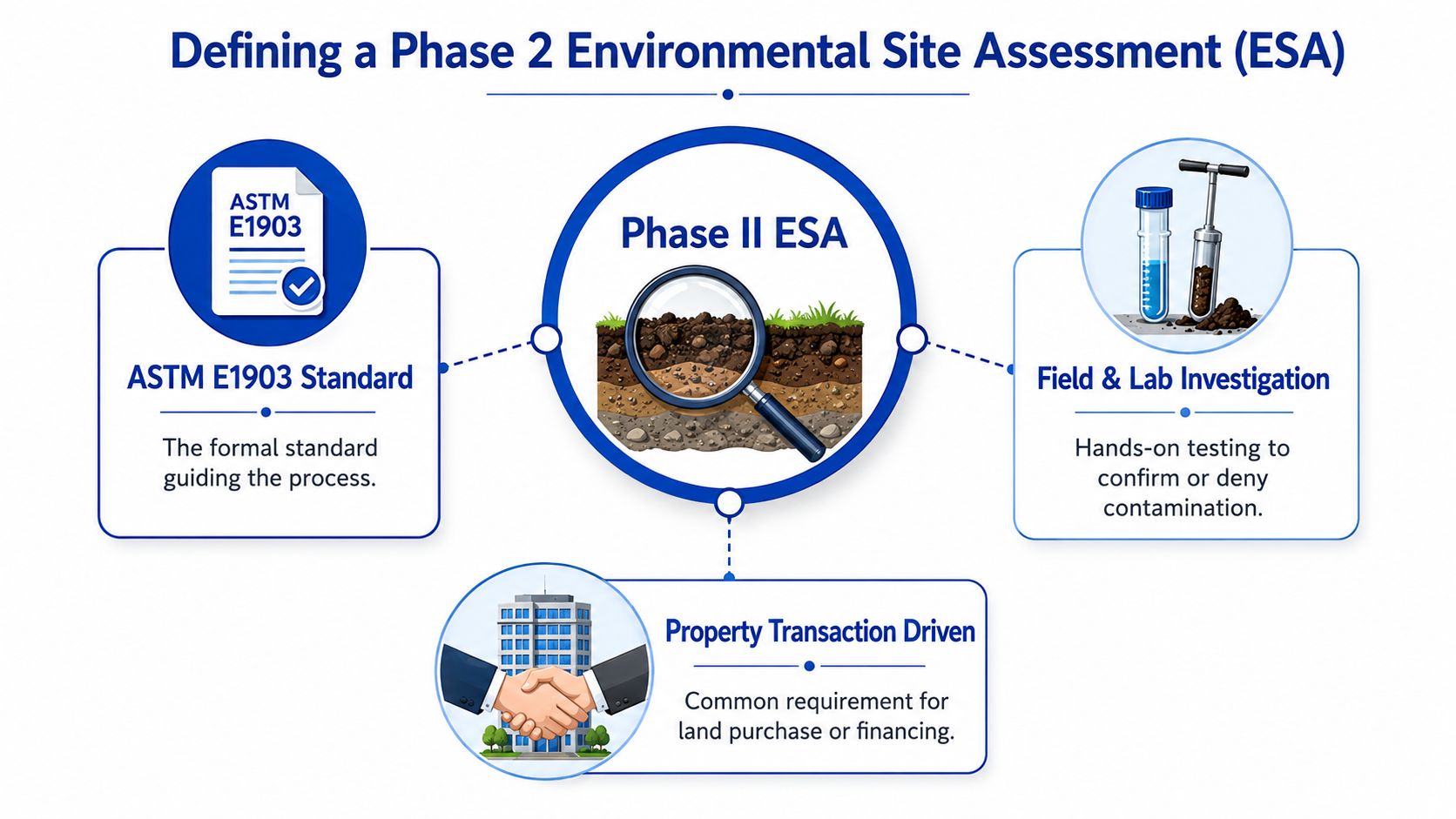 An infographic illustrating the key components of a Phase 2 Environmental Site Assessment for property development.