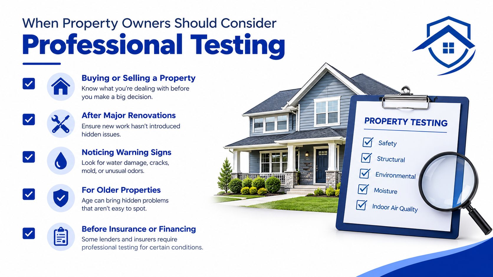 An infographic titled When Property Owners Should Consider Professional Testing, featuring five key reasons for property inspections.