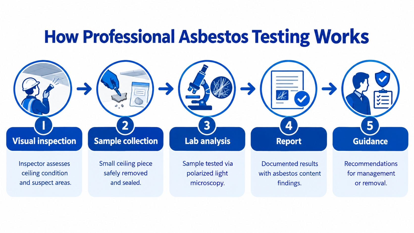 An infographic detailing the five-step process of professional asbestos testing for popcorn ceilings and building materials.