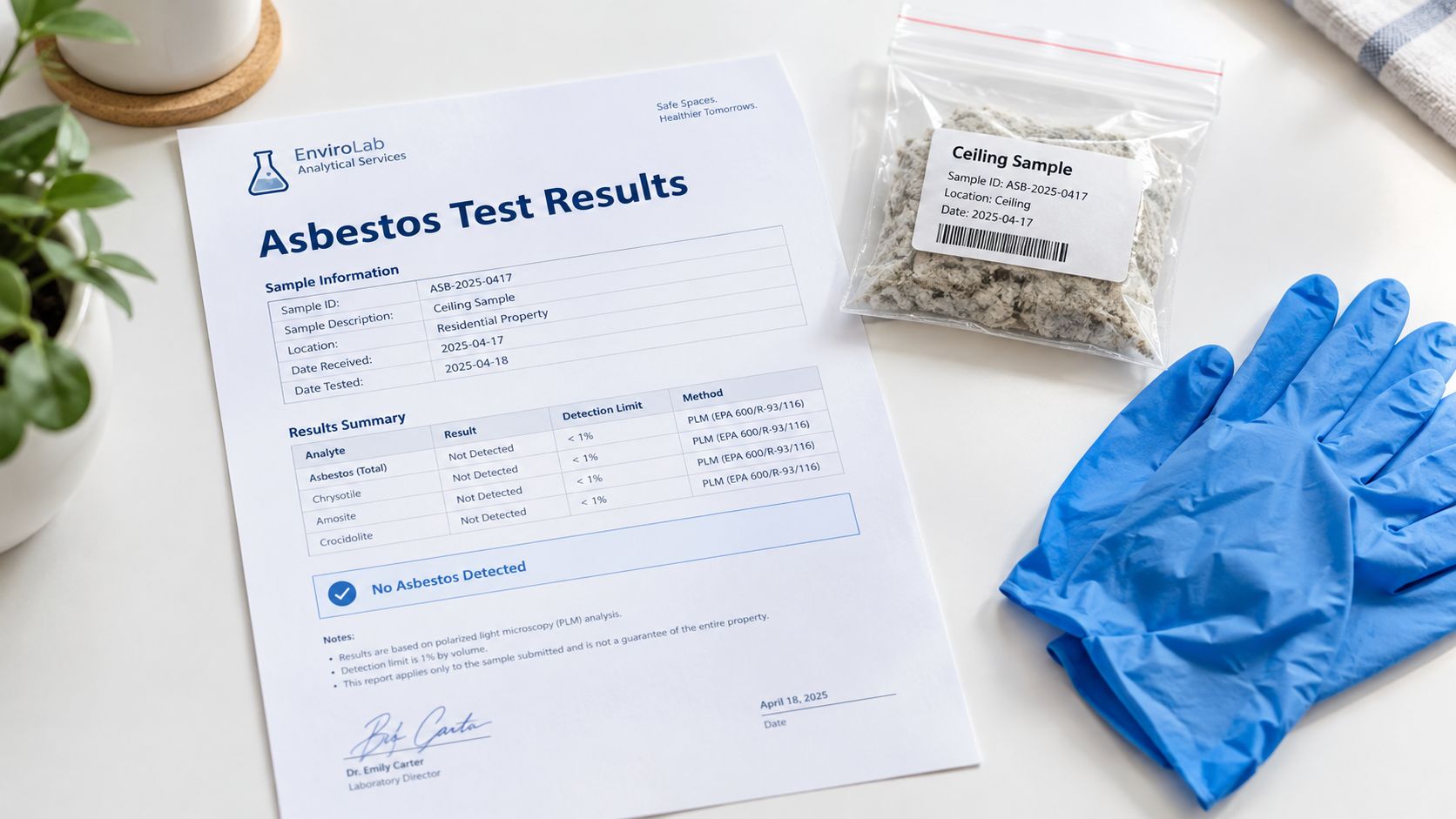 A lab report confirming no asbestos detected in a ceiling sample, displayed with blue gloves on a desk.