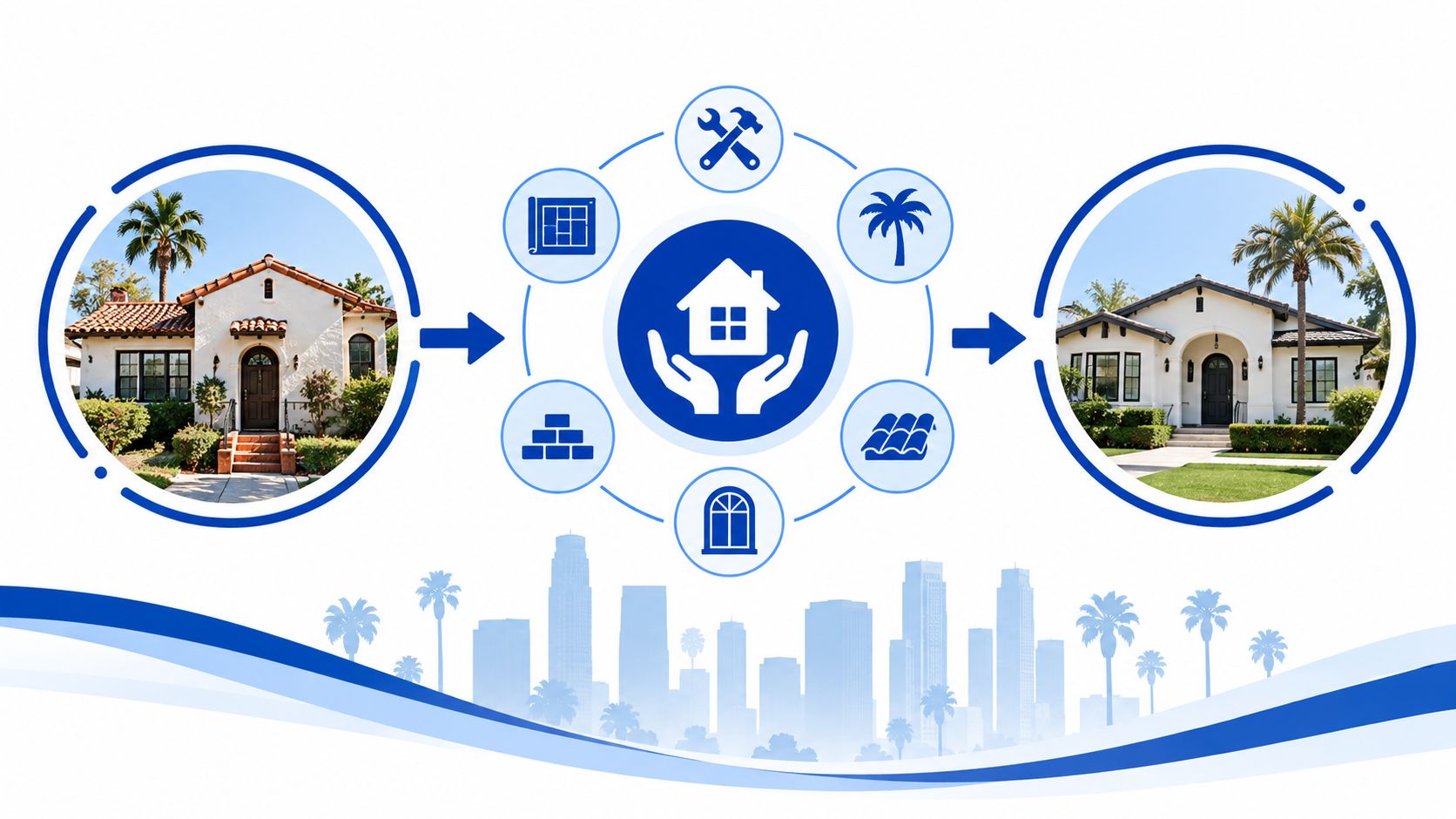 A diagram illustrating home renovation services transforming an older house into a modern updated property.