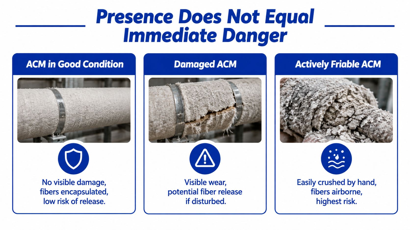 A visual guide comparing the risk levels of asbestos-containing materials including intact, damaged, and actively friable conditions.