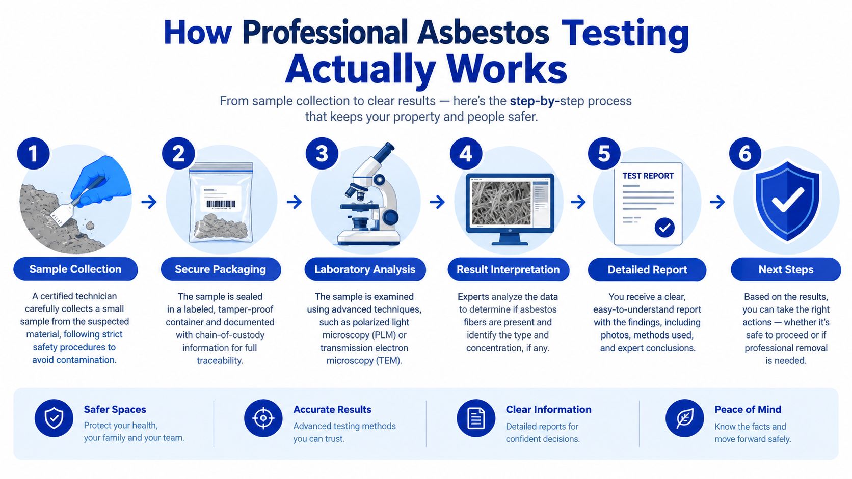 An infographic showing a six-step process for professional asbestos testing from sample collection to the final report.